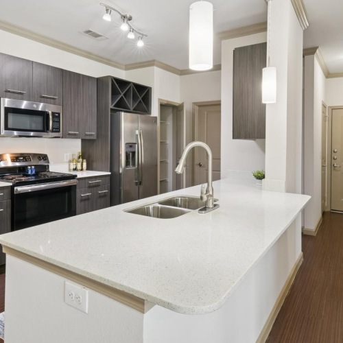 a kitchen with black cabinets